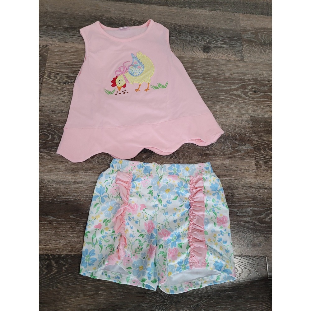 Girls Boutique Pink Chicken Scallop Top Floral‎ Ruffle Shorts Set Easter 8-10 #7